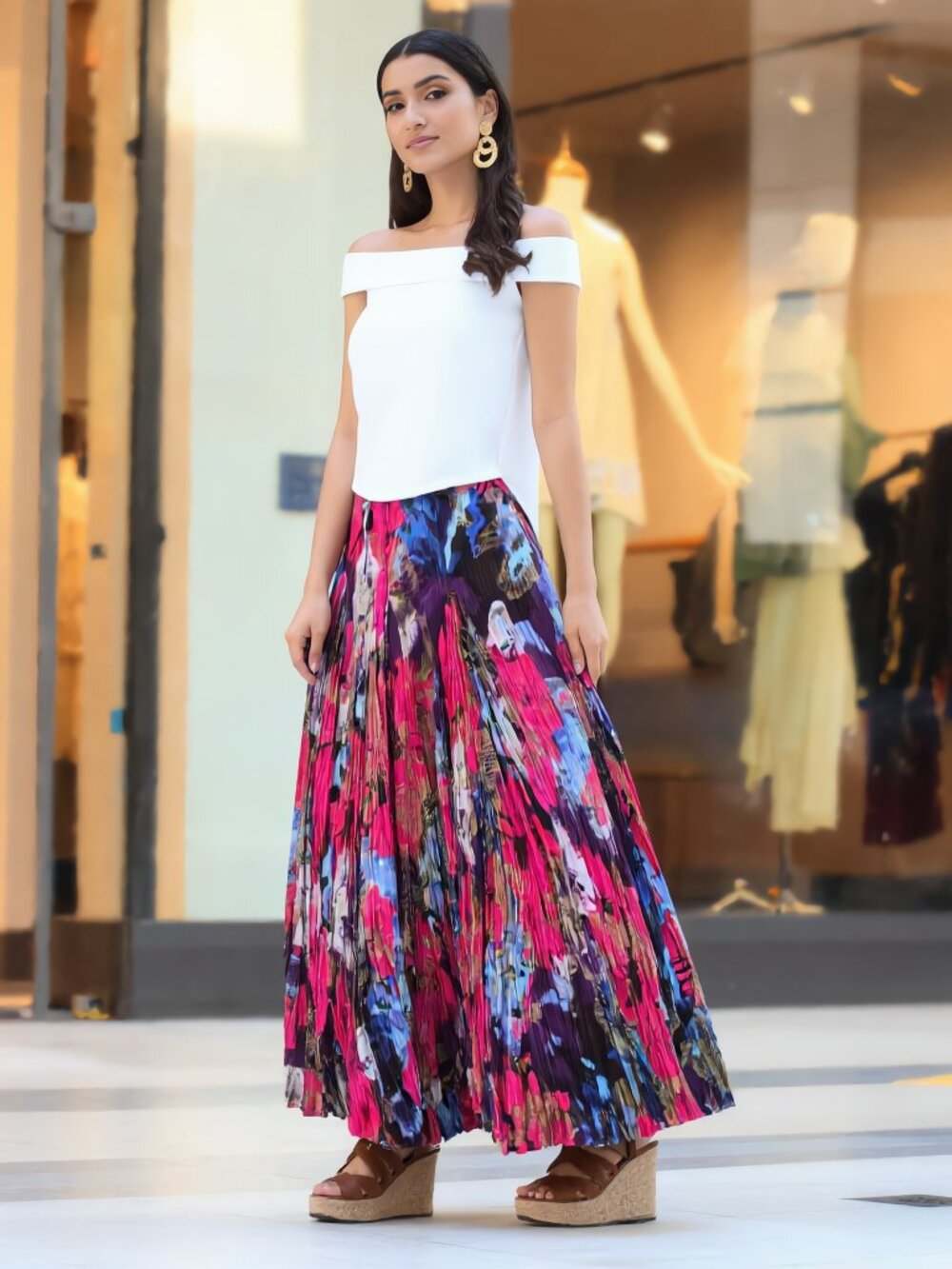Boston Proper Sandy Starkman Floral Crinkle Maxi Skirt Pink Purple Size S